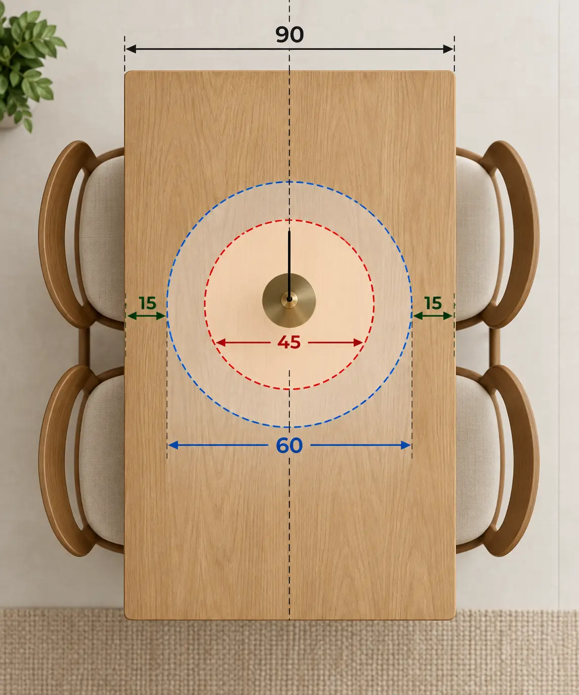 Schéma d'une suspension de 45 à 60 cm au-dessus d'une table large de 90 cm