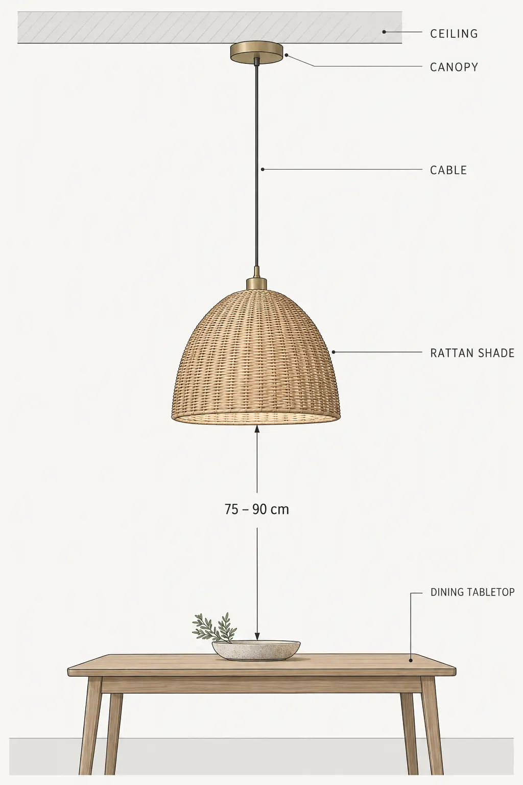 Calcul de la hauteur d'une suspension en rotin au-dessus d'une table à manger