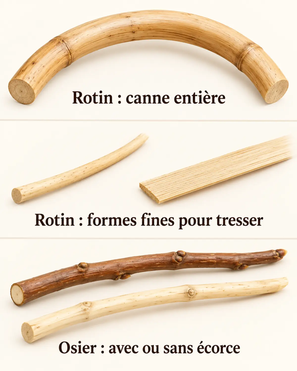 Schéma comparant une canne de rotin, des brins fins de rotin et de l’osier avec ou sans écorce