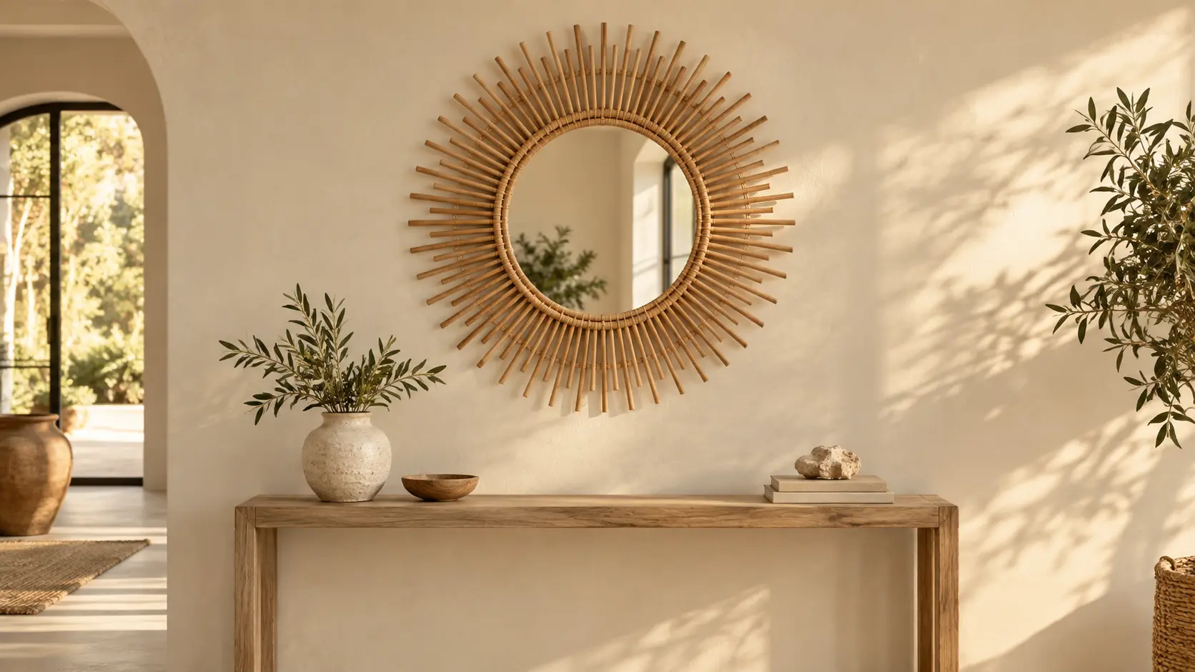Miroir soleil vintage en rotin sur un mur clair