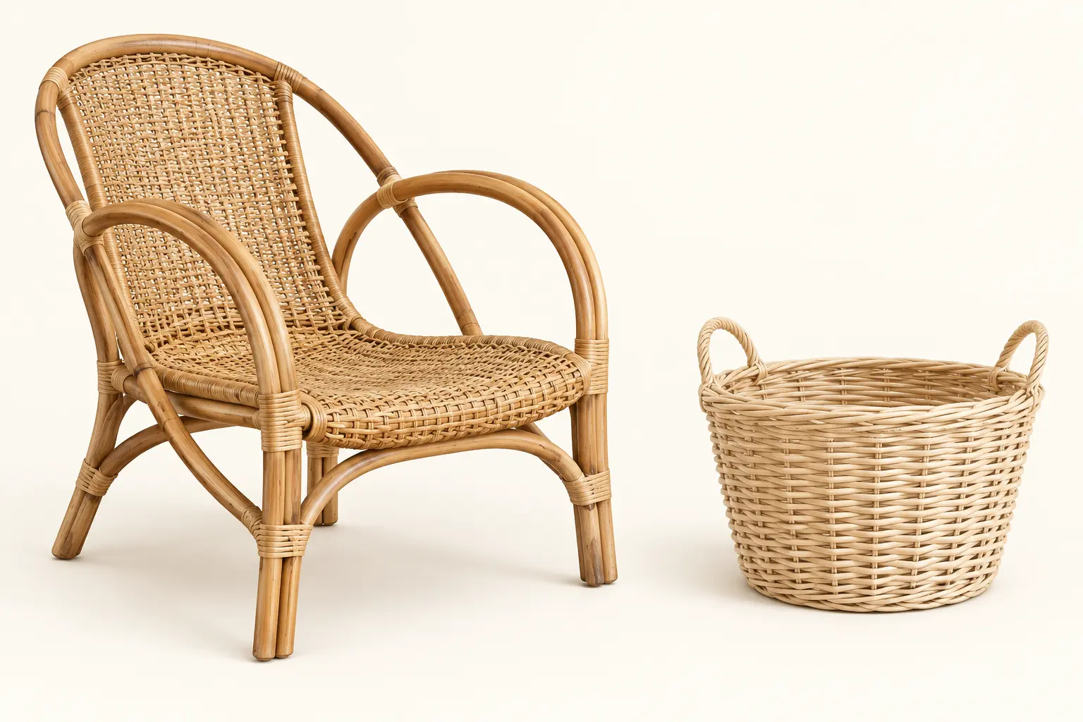 Illustration d’un fauteuil à cadre courbé en rotin et d’un panier tressé en osier