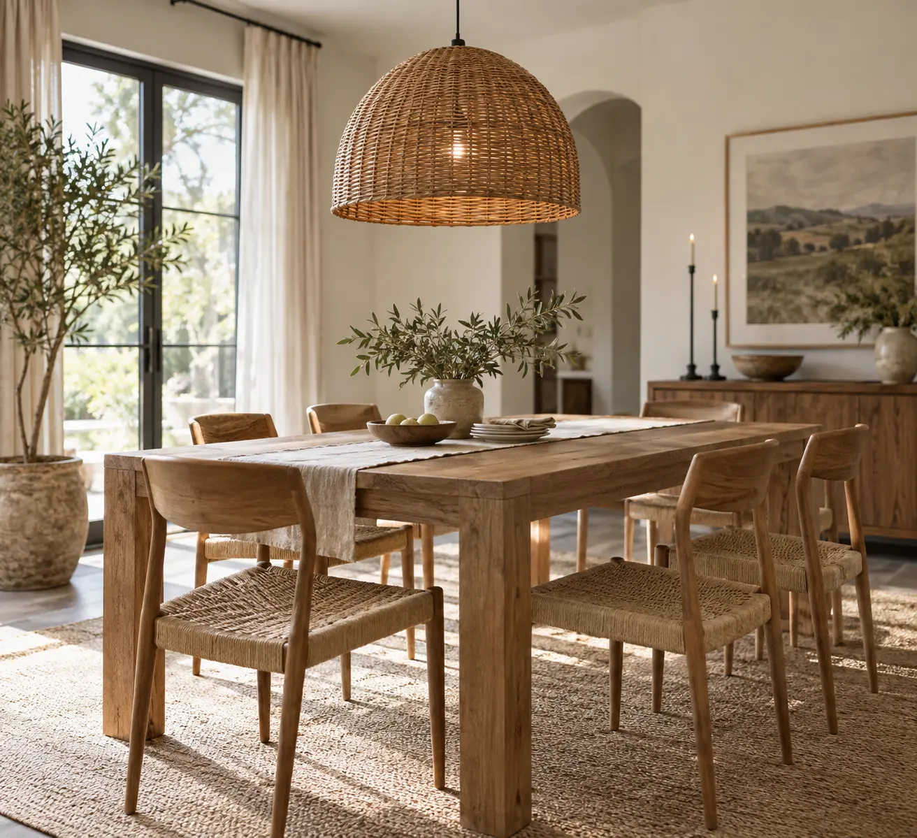 Suspension en rotin centrée au-dessus d'une table à manger
